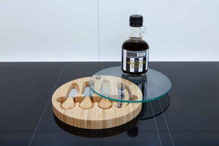 Sustainable Bamboo & Glass Circular Cheese Board with one 250ml Black by Whyte Worchester Sauce