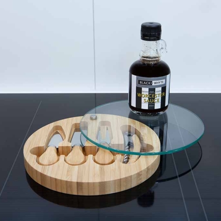 Sustainable Bamboo & Glass Circular Cheese Board with one 250ml Black by Whyte Worchester Sauce