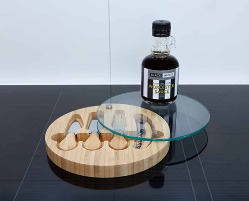 Sustainable Bamboo & Glass Circular Cheese Board with one 250ml Black by Whyte Worchester Sauce