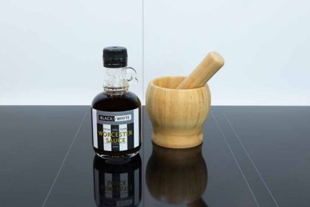 Sustainable Bamboo Mortar & Pestle with one 250ml Black by Whyte Worchester Sauce