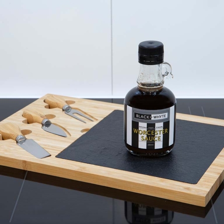 Sustainable Bamboo & Slate Cheese Board with one 250ml Black by Whyte Worchester Sauce