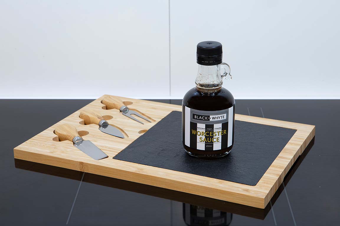 Sustainable Bamboo & Slate Cheese Board with one 250ml Black by Whyte Worchester Sauce